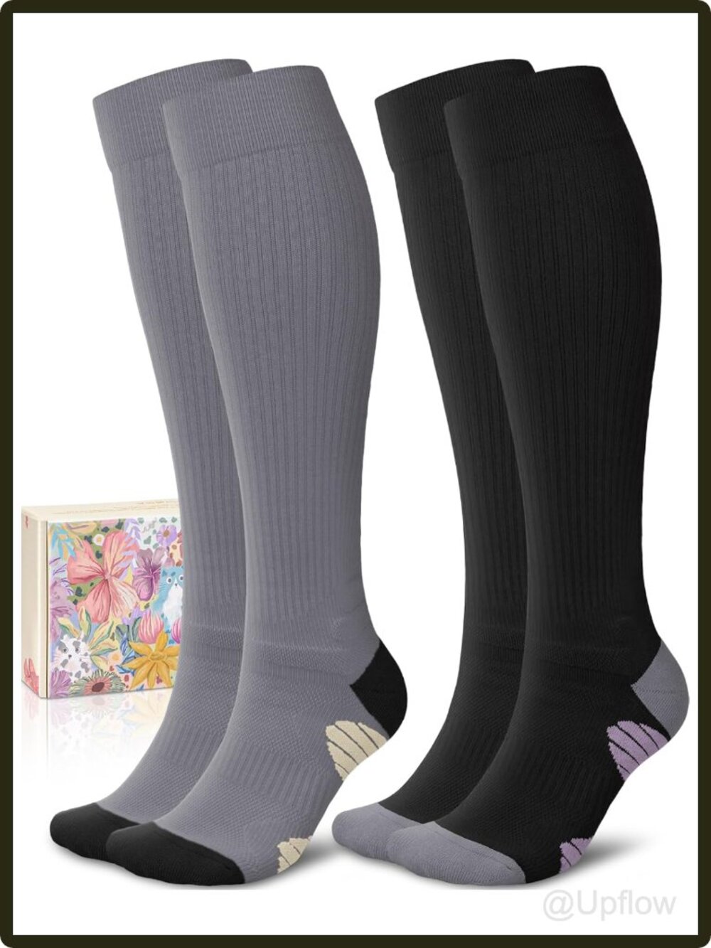 Women's Cotton Knee High Compression Socks 15-20mmHg Cushioned Running Travel